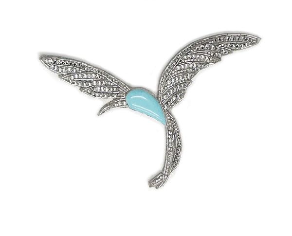 david koma HUMMINGBIRD EMBROIDERY LARGE BROOCH BLUE/SILVER
