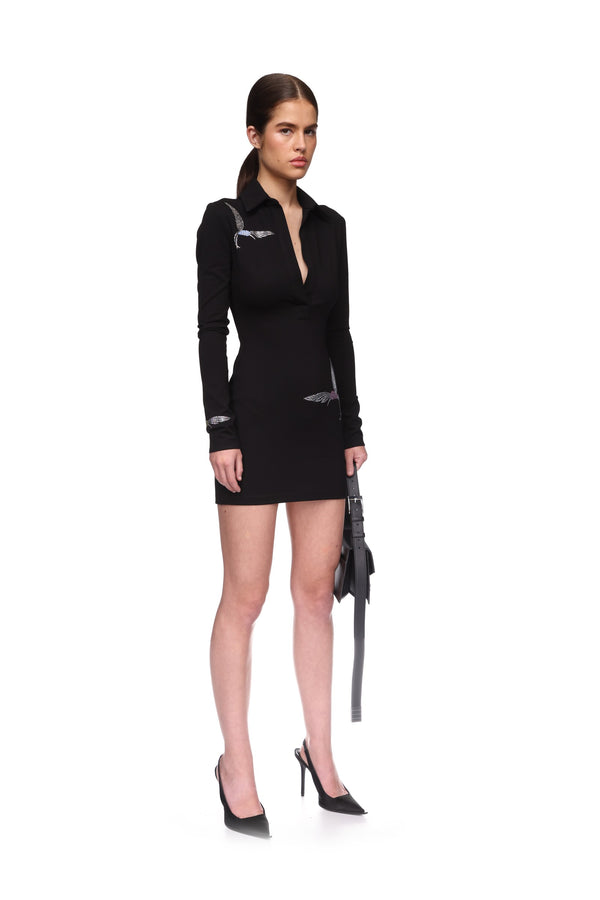 David Koma HUMMINGBIRD RHINESTONE DETAIL POLO DRESS BLACK/SILVER