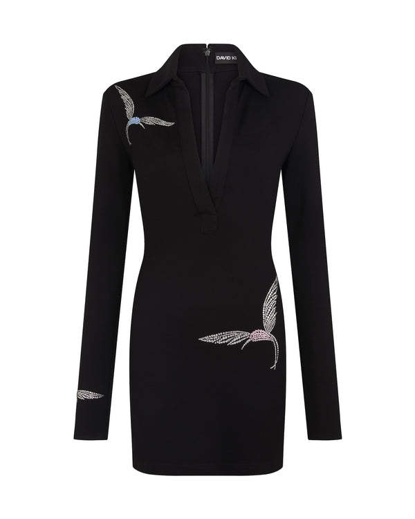 david koma HUMMINGBIRD RHINESTONE DETAIL POLO DRESS BLACK/SILVER