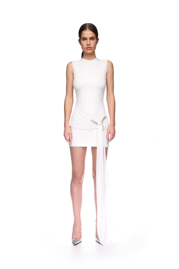 David Koma JERSEY MINI DRESS WITH CRYSTAL HUMMINGBIRD IN BLACK BLACK/PINK/SILVER