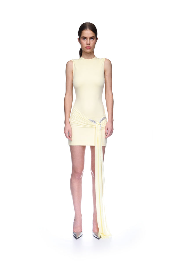 David Koma JERSEY MINI DRESS WITH CRYSTAL HUMMINGBIRD YELLOW/YELLOW/SILVER