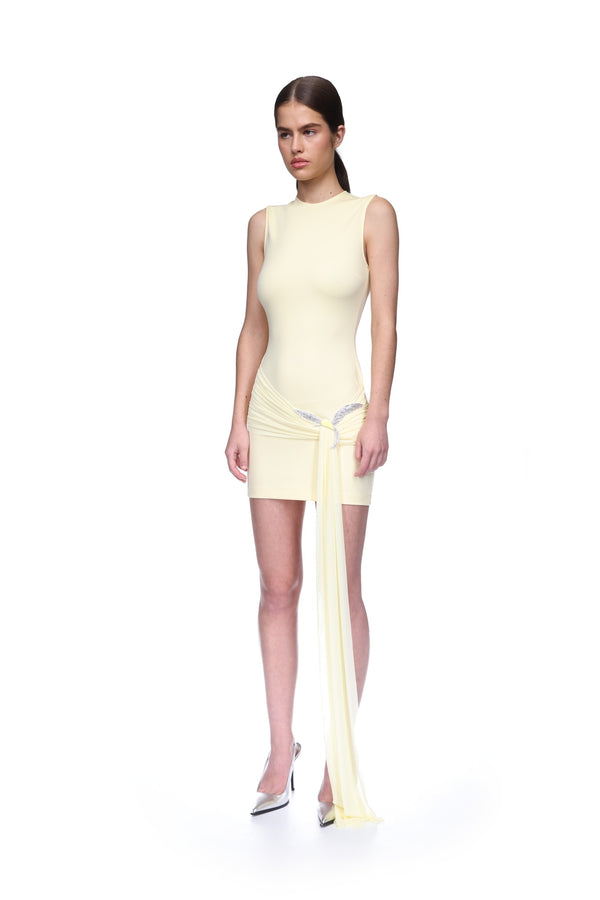 David Koma JERSEY MINI DRESS WITH CRYSTAL HUMMINGBIRD YELLOW/YELLOW/SILVER