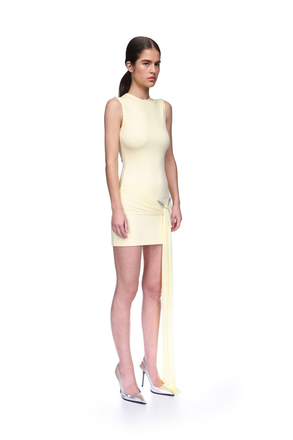 David Koma JERSEY MINI DRESS WITH CRYSTAL HUMMINGBIRD YELLOW/YELLOW/SILVER