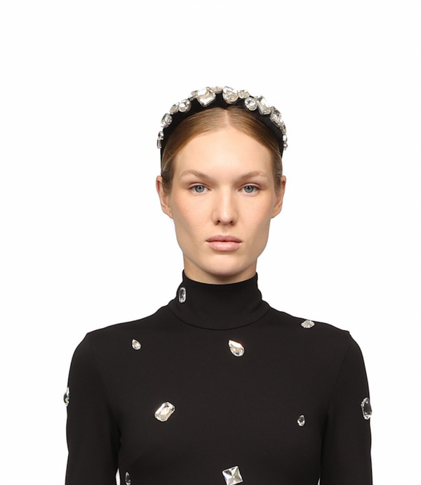 David Koma LARGE CRYSTAL EMBROIDERED VELVET HEADBAND BLACK/SILVER