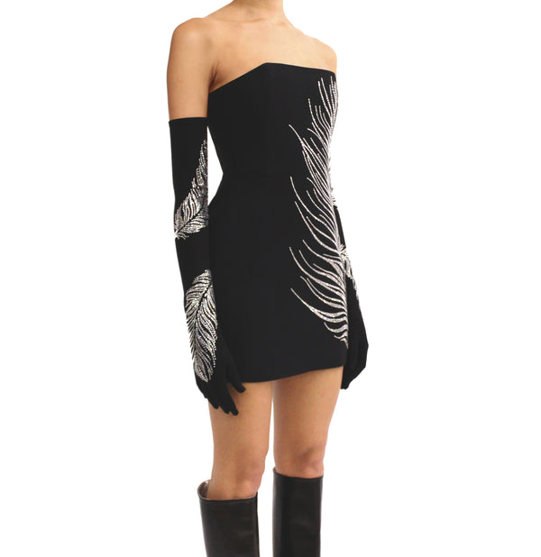 David Koma LONG CRYSTAL FEATHER GLOVES IN BLACK BLACK