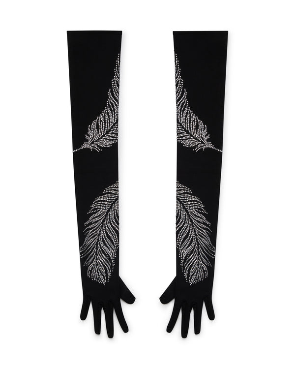 david koma LONG CRYSTAL FEATHER GLOVES IN BLACK BLACK