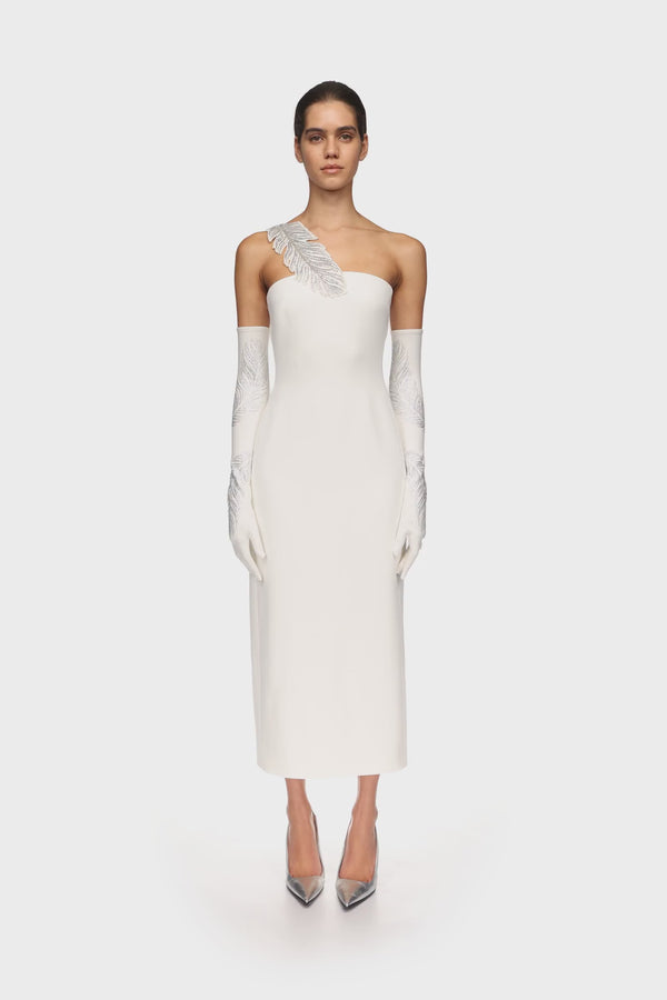 David Koma LONG CRYSTAL FEATHER GLOVES IN WHITE WHITE