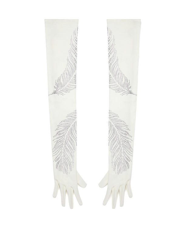 david koma LONG CRYSTAL FEATHER GLOVES IN WHITE WHITE