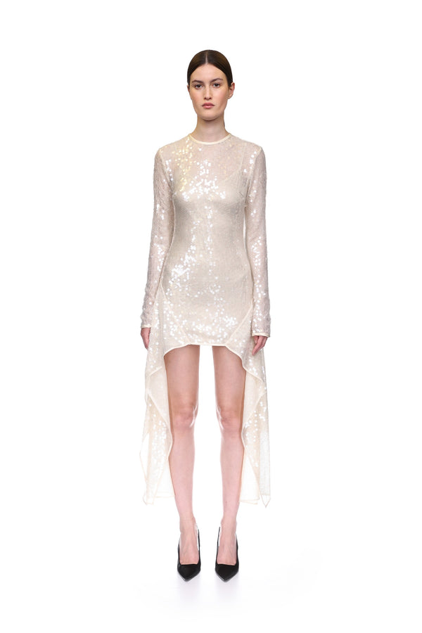 David Koma LONG SLEEVE ASYMMETRIC HEM SEQUIN DRESS CREAM