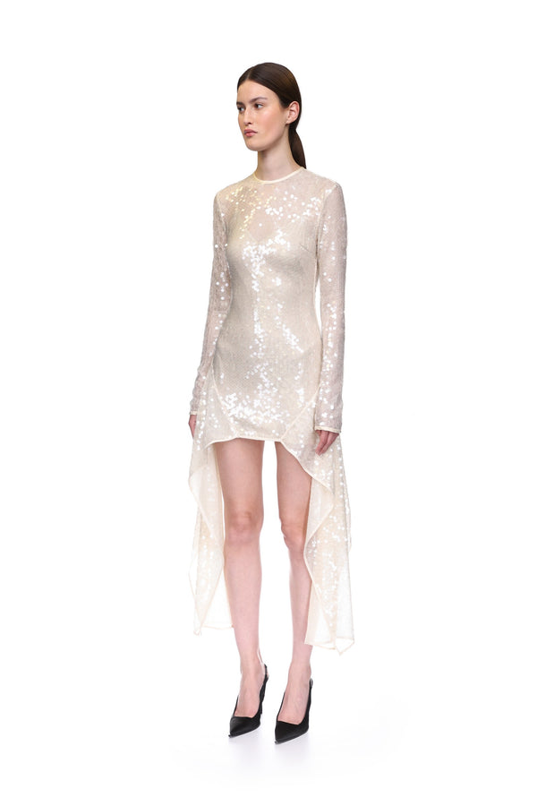 David Koma LONG SLEEVE ASYMMETRIC HEM SEQUIN DRESS CREAM
