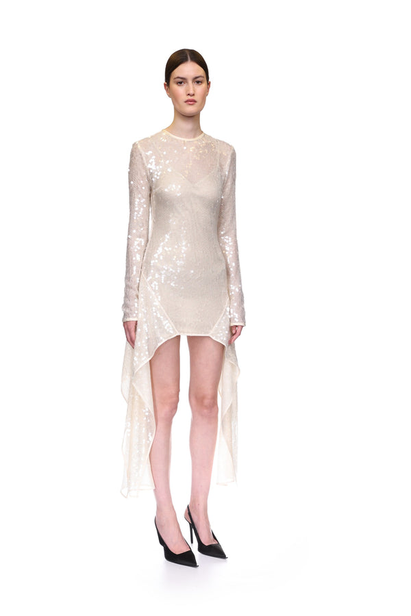 David Koma LONG SLEEVE ASYMMETRIC HEM SEQUIN DRESS CREAM
