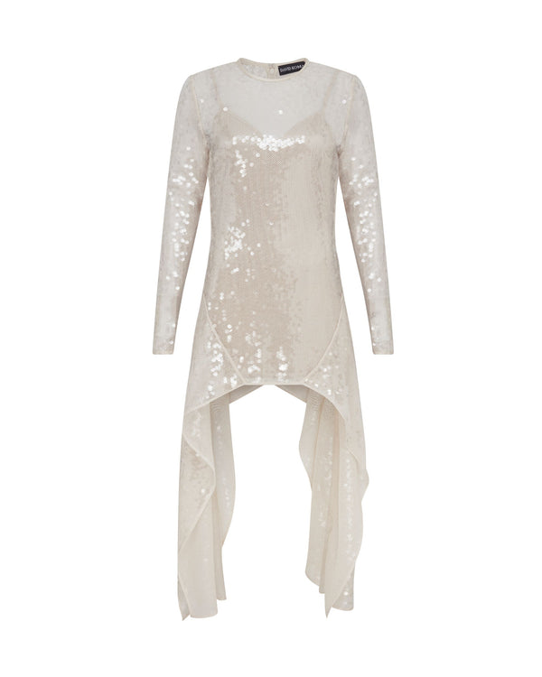 david koma LONG SLEEVE ASYMMETRIC HEM SEQUIN DRESS CREAM