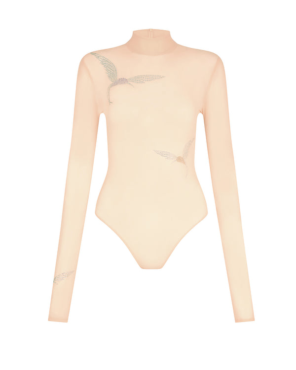 david koma LONG SLEEVE HUMMINGBIRD RHINESTONE BODYSUIT PEACH/SILVER