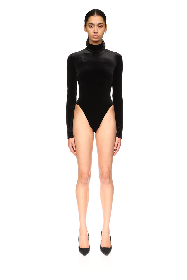 David Koma LONG SLEEVE VELVET JERSEY BODYSUIT BLACK