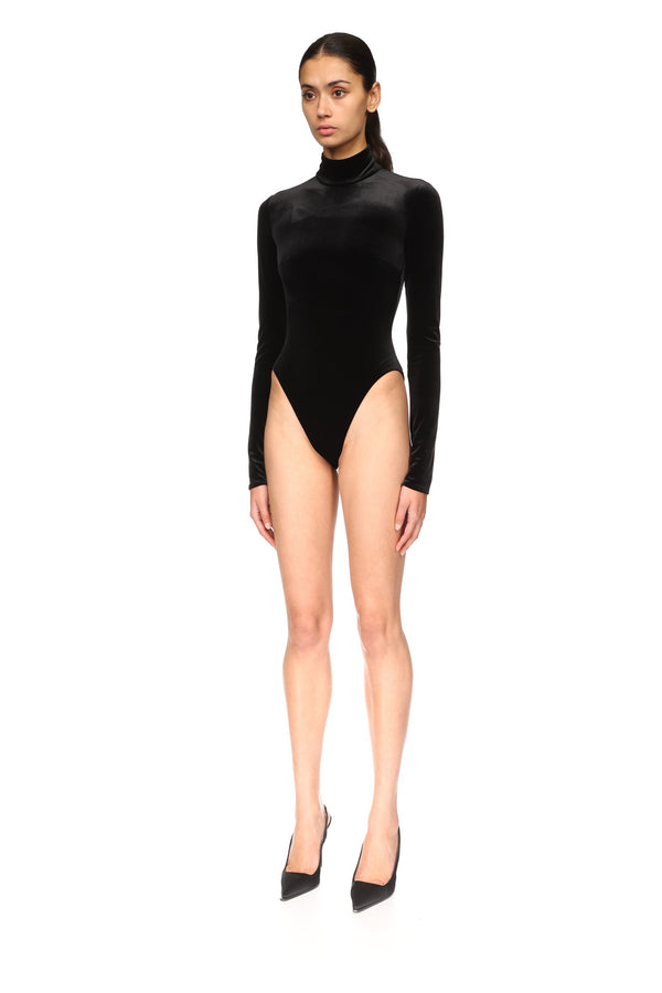 David Koma LONG SLEEVE VELVET JERSEY BODYSUIT BLACK