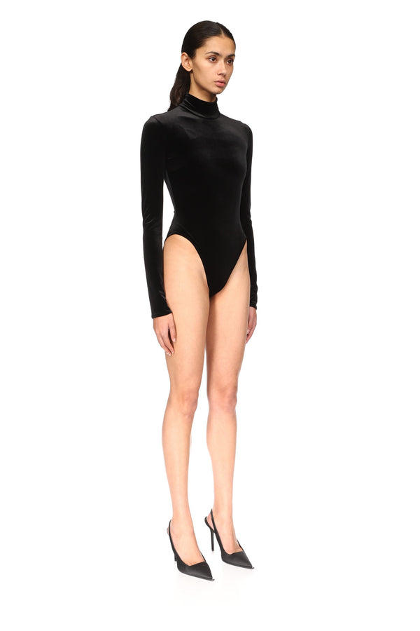 David Koma LONG SLEEVE VELVET JERSEY BODYSUIT BLACK