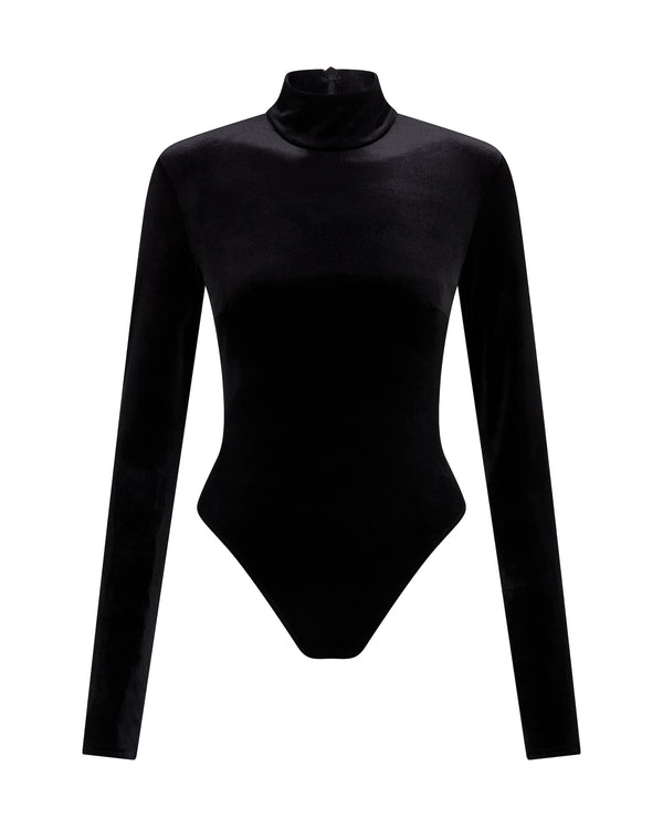 david koma LONG SLEEVE VELVET JERSEY BODYSUIT BLACK
