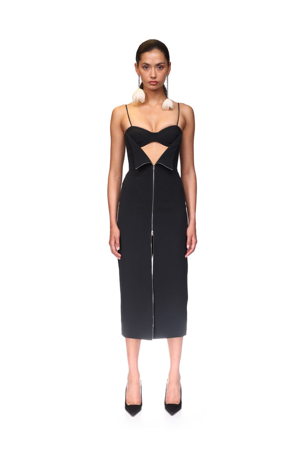 David Koma METAL ZIP AND BRA DETAIL MIDI DRESS BLACK/SILVER