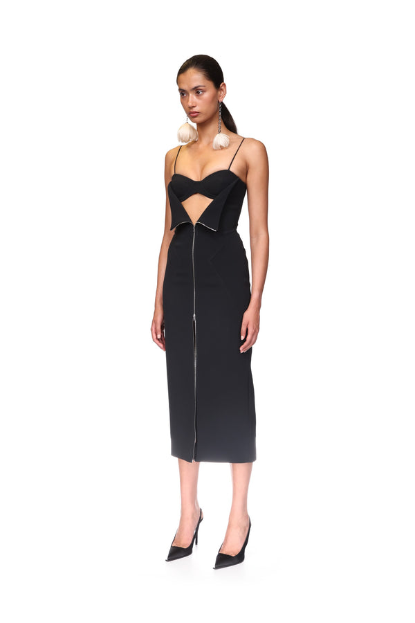 David Koma METAL ZIP AND BRA DETAIL MIDI DRESS BLACK/SILVER
