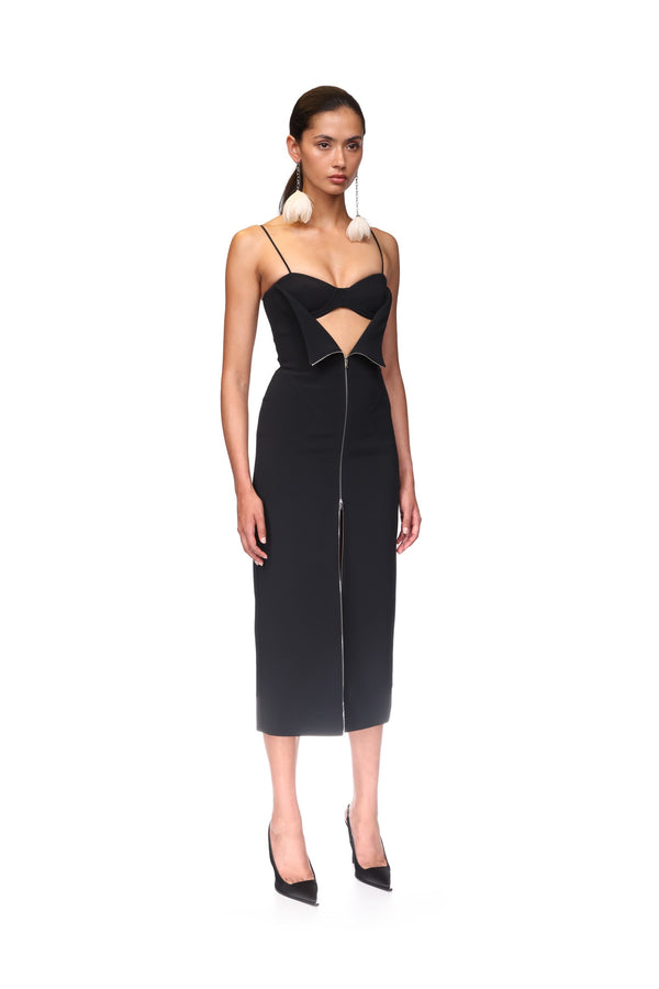 David Koma METAL ZIP AND BRA DETAIL MIDI DRESS BLACK/SILVER
