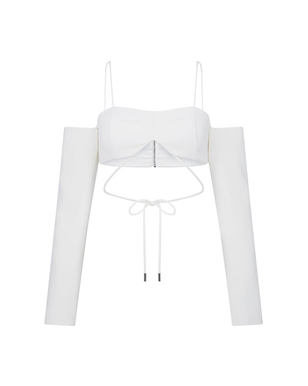 david koma OFF SHOULDER AND LONG SLEEVE CROP TOP IN WHITE WHITE