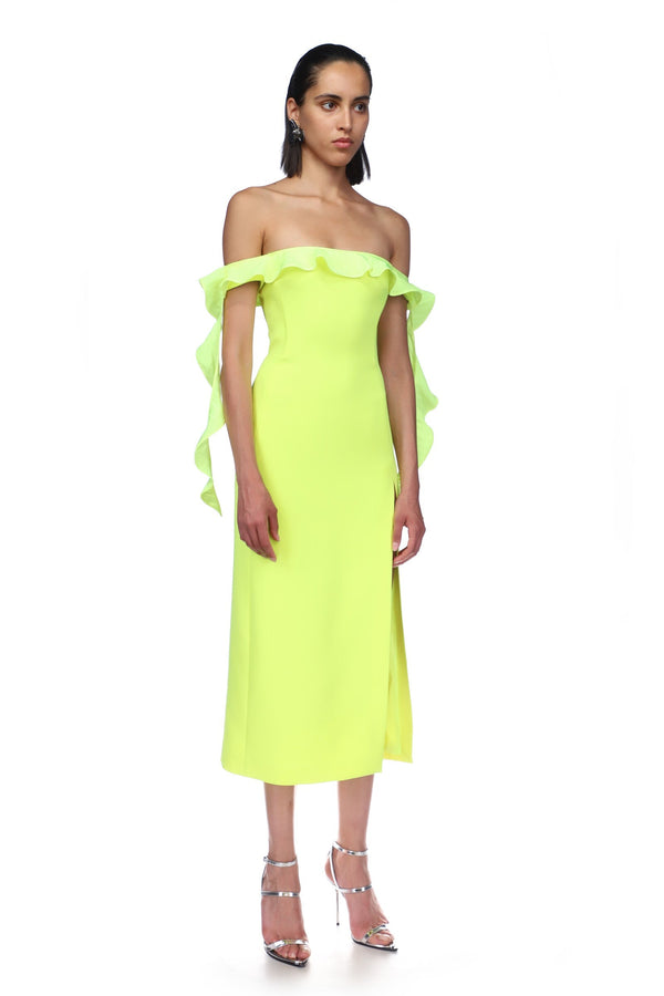 David Koma OFF SHOULDER RUFFLE MIDI DRESS IN BABY PINK BABY PINK