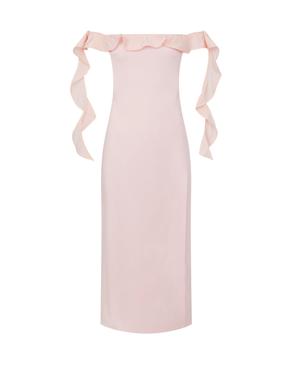 david koma OFF SHOULDER RUFFLE MIDI DRESS IN BABY PINK BABY PINK