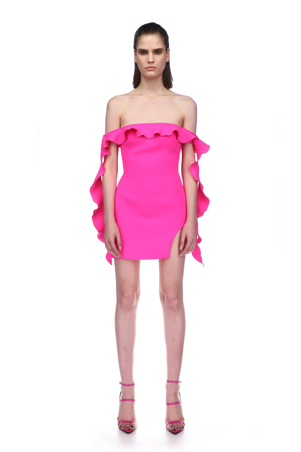 David Koma OFF SHOULDER RUFFLE MINI DRESS NEON PINK