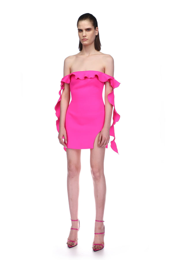 David Koma OFF SHOULDER RUFFLE MINI DRESS NEON PINK