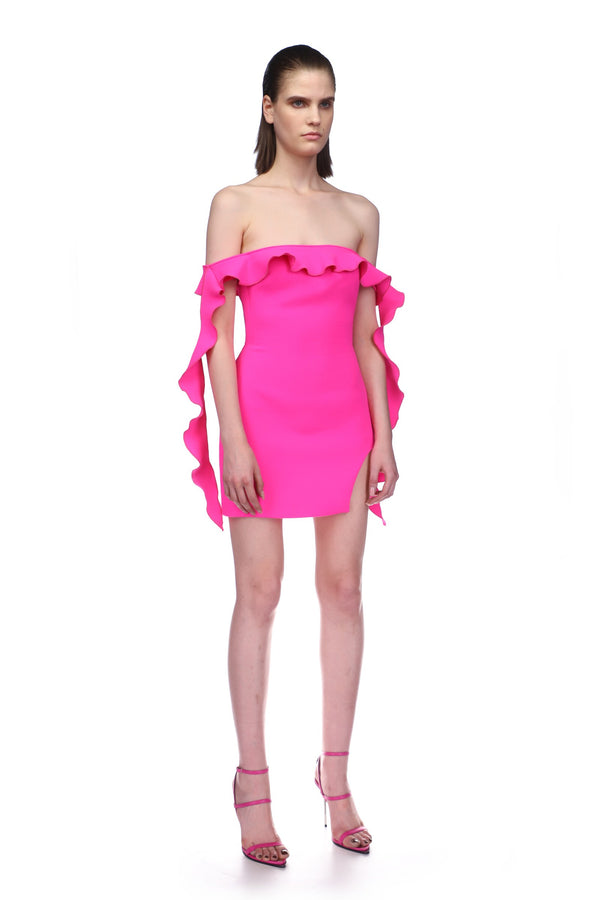 David Koma OFF SHOULDER RUFFLE MINI DRESS NEON PINK