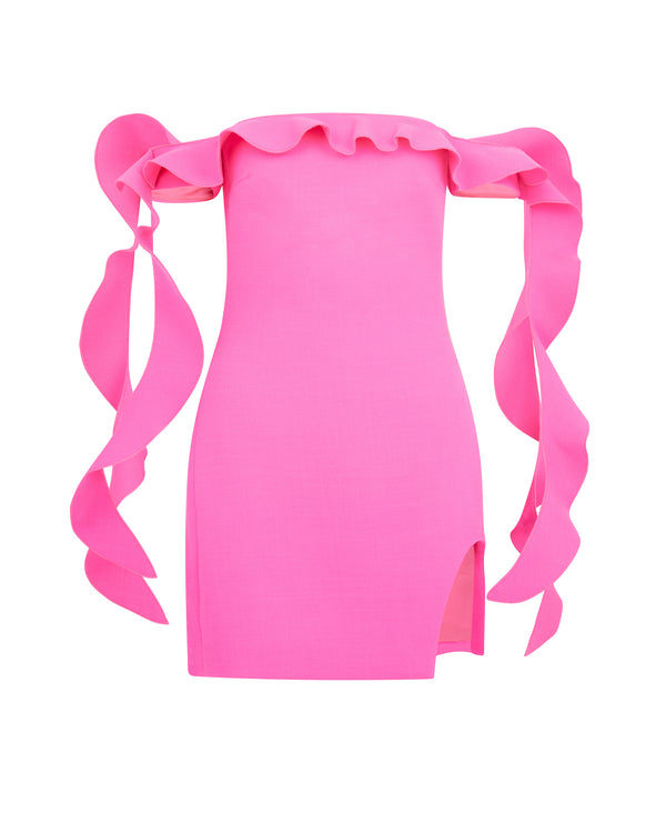 david koma OFF SHOULDER RUFFLE MINI DRESS NEON PINK