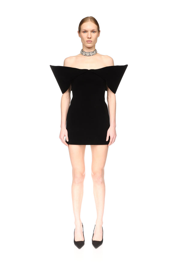 David Koma OFF SHOULDER SCULPTURED MINI DRESS IN BLACK BLACK