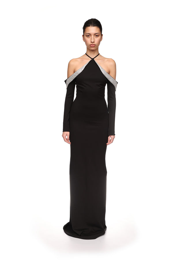 David Koma OFF THE SHOULDER CRYSTAL WINGS GOWN BLACK