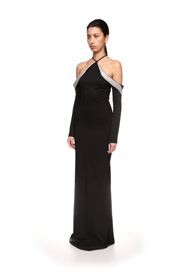 David Koma OFF THE SHOULDER CRYSTAL WINGS GOWN BLACK