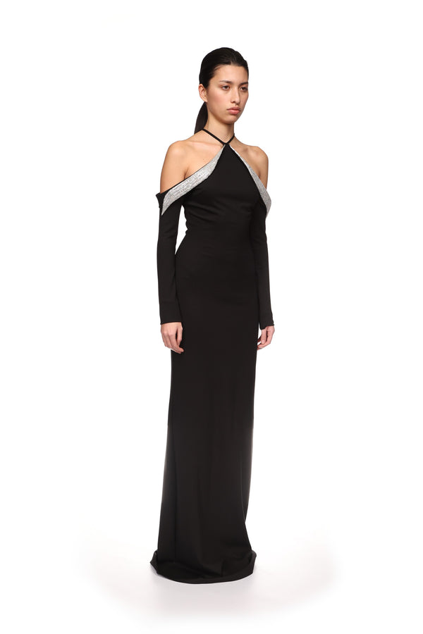 David Koma OFF THE SHOULDER CRYSTAL WINGS GOWN BLACK