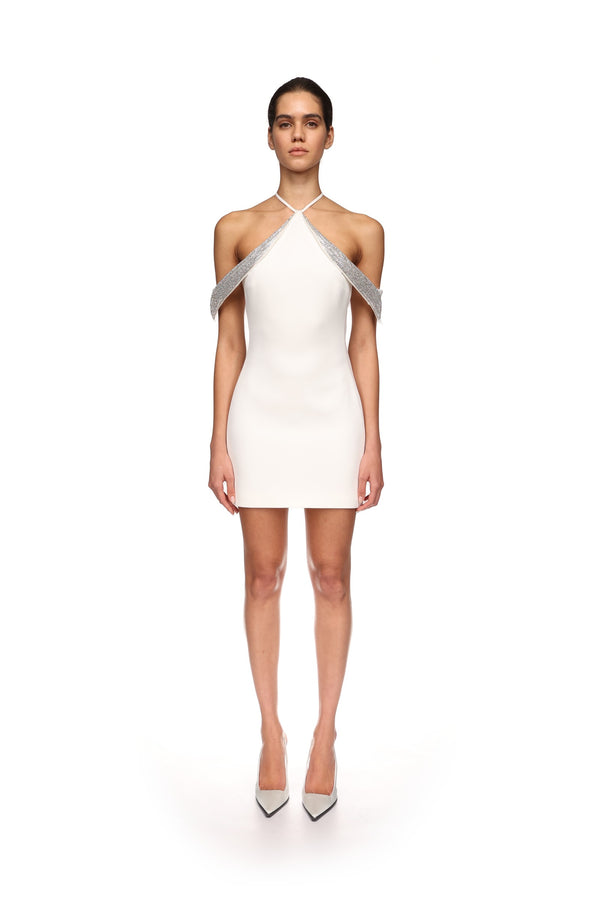 David Koma OFF THE SHOULDER CRYSTAL WINGS MINI DRESS WHITE