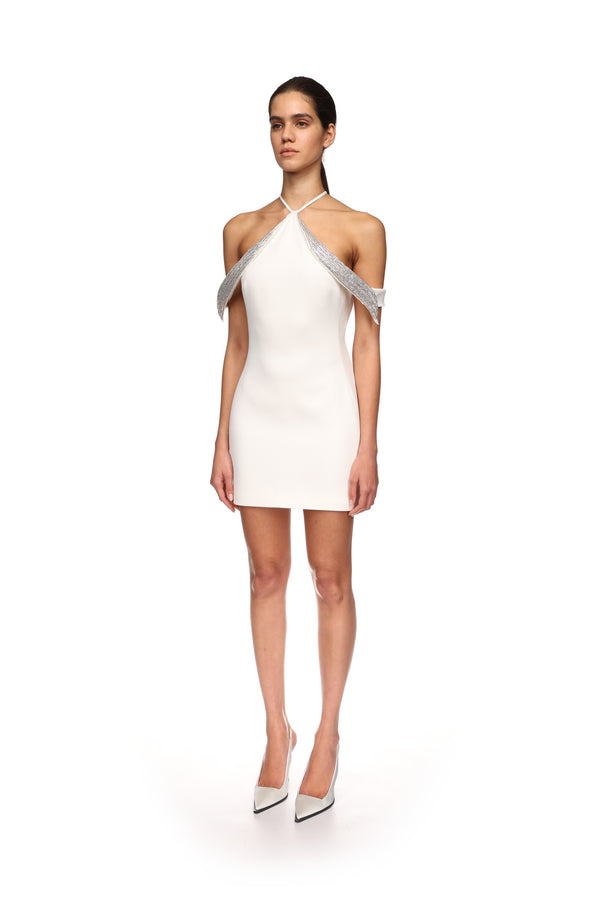 David Koma OFF THE SHOULDER CRYSTAL WINGS MINI DRESS WHITE