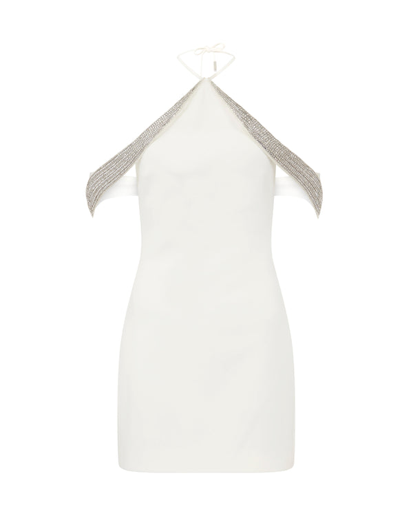 david koma OFF THE SHOULDER CRYSTAL WINGS MINI DRESS WHITE