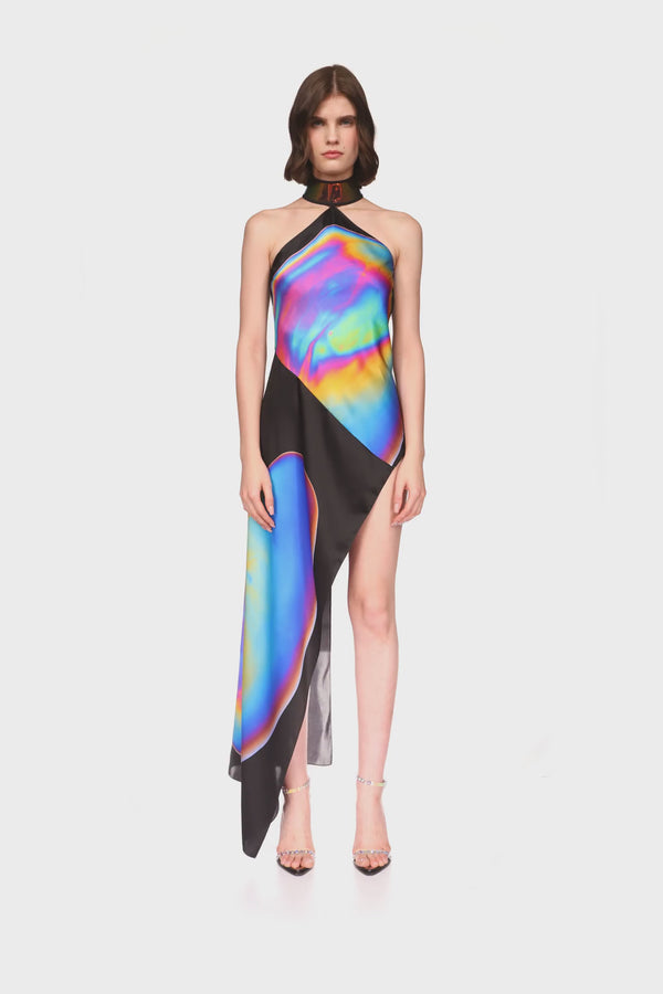 David Koma OIL STAIN PRINT HALTER NECK ASYMMETRIC SILK DRESS MULTICOLOUR