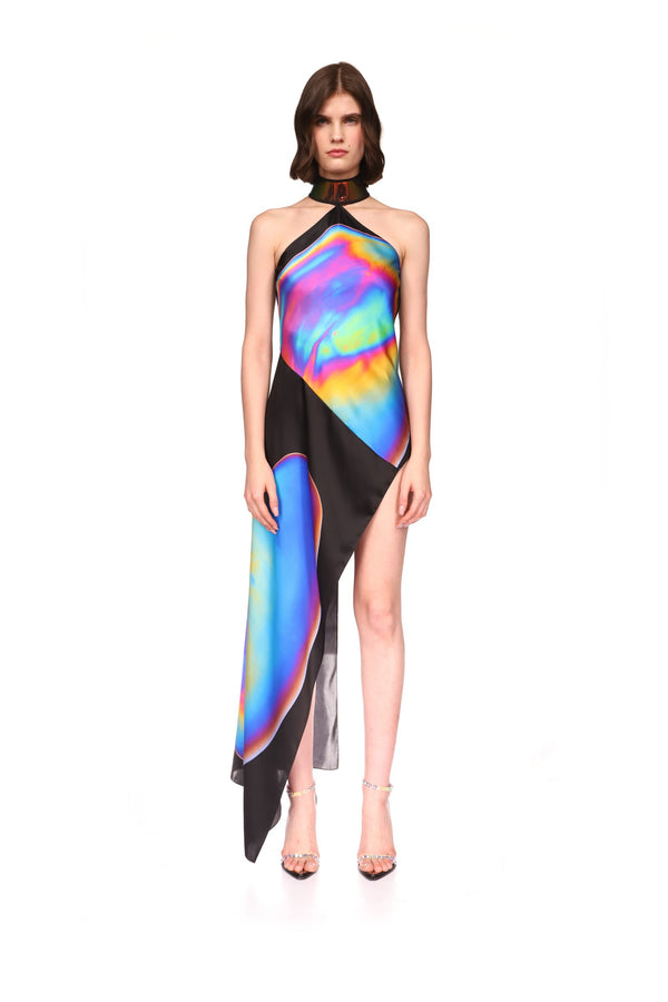 David Koma OIL STAIN PRINT HALTER NECK ASYMMETRIC SILK DRESS MULTICOLOUR