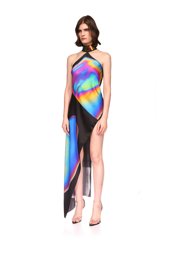 David Koma OIL STAIN PRINT HALTER NECK ASYMMETRIC SILK DRESS MULTICOLOUR