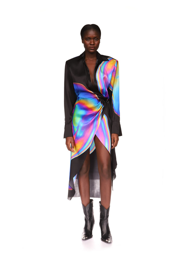 David Koma OIL STAIN PRINTED WRAP SHIRT DRESS MULTICOLOUR