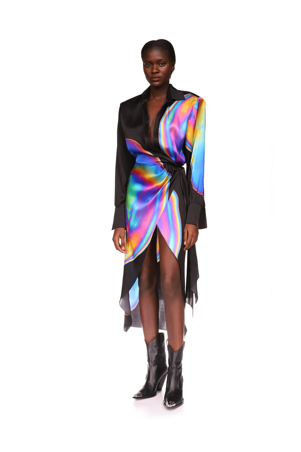David Koma OIL STAIN PRINTED WRAP SHIRT DRESS MULTICOLOUR