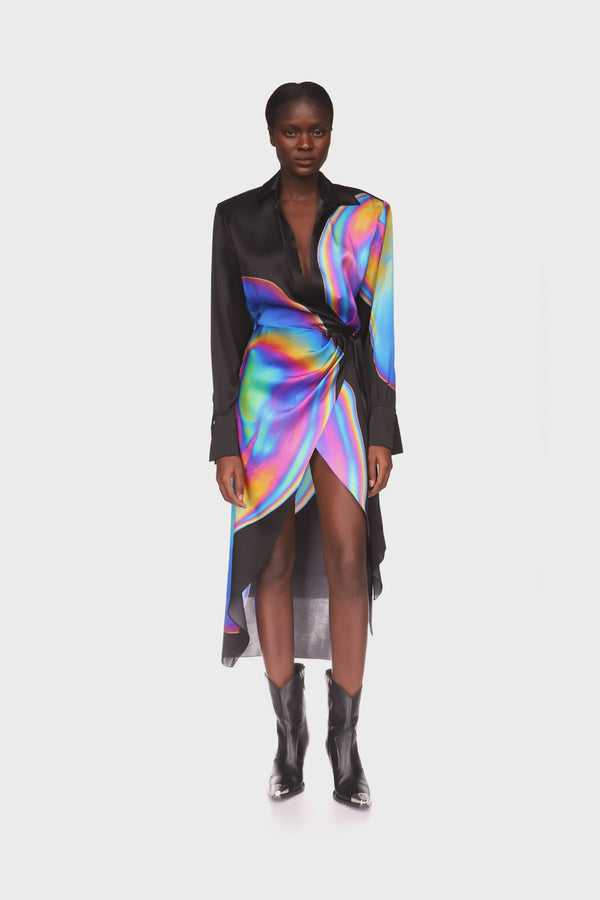 David Koma OIL STAIN PRINTED WRAP SHIRT DRESS MULTICOLOUR
