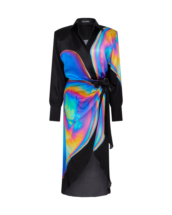 david koma OIL STAIN PRINTED WRAP SHIRT DRESS MULTICOLOUR