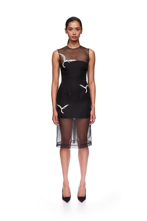 David Koma ORGANZA MIDI DRESS WITH CRYSTAL HUMMINGBIRDS BLACK/SILVER