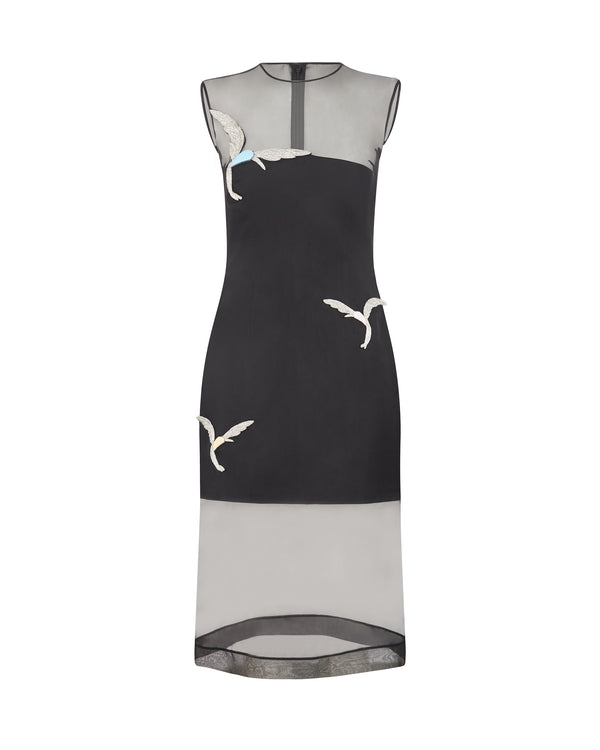 david koma ORGANZA MIDI DRESS WITH CRYSTAL HUMMINGBIRDS BLACK/SILVER