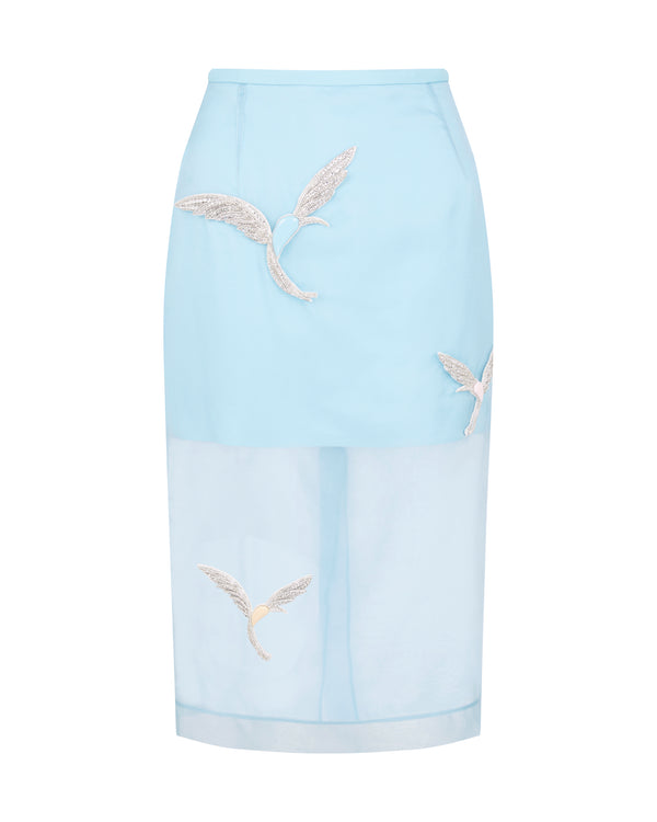 david koma ORGANZA MIDI SKIRT WITH CRYSTAL HUMMINGBIRDS BLUE/SILVER