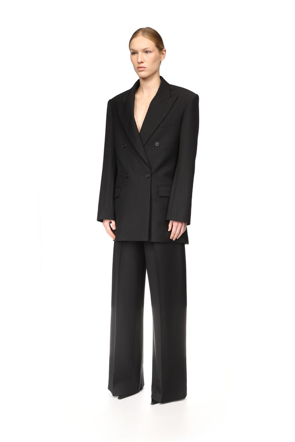 David Koma PINSTRIPE WOOL TAILORED TROUSERS WITH CRYSTAL BUCKLE BELT BLACK