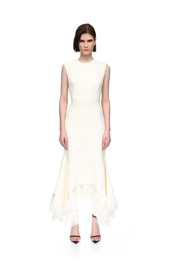 David Koma RAFFIA FRINGE AND FLOUNCE HEM MIDI DRESS CREAM